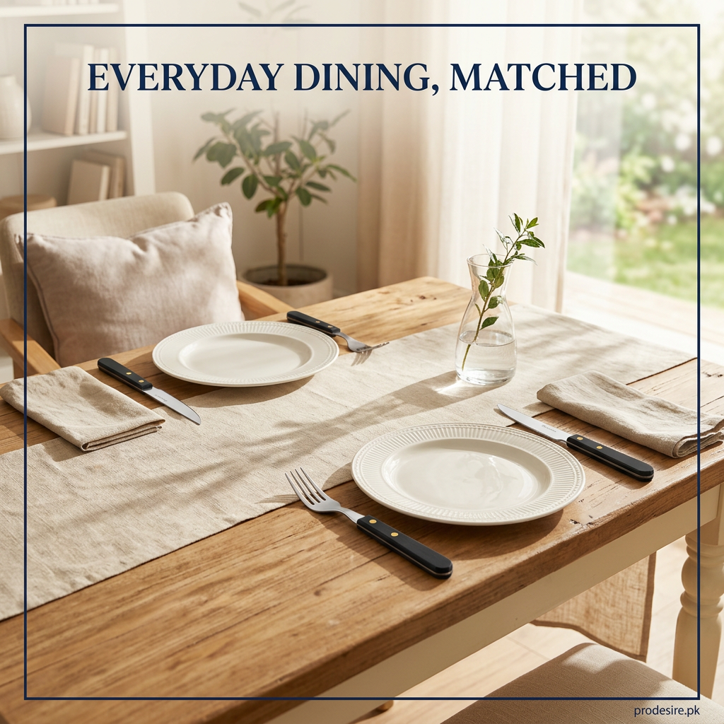 Sunlit dining table set for two with matching black-handled forks and knives