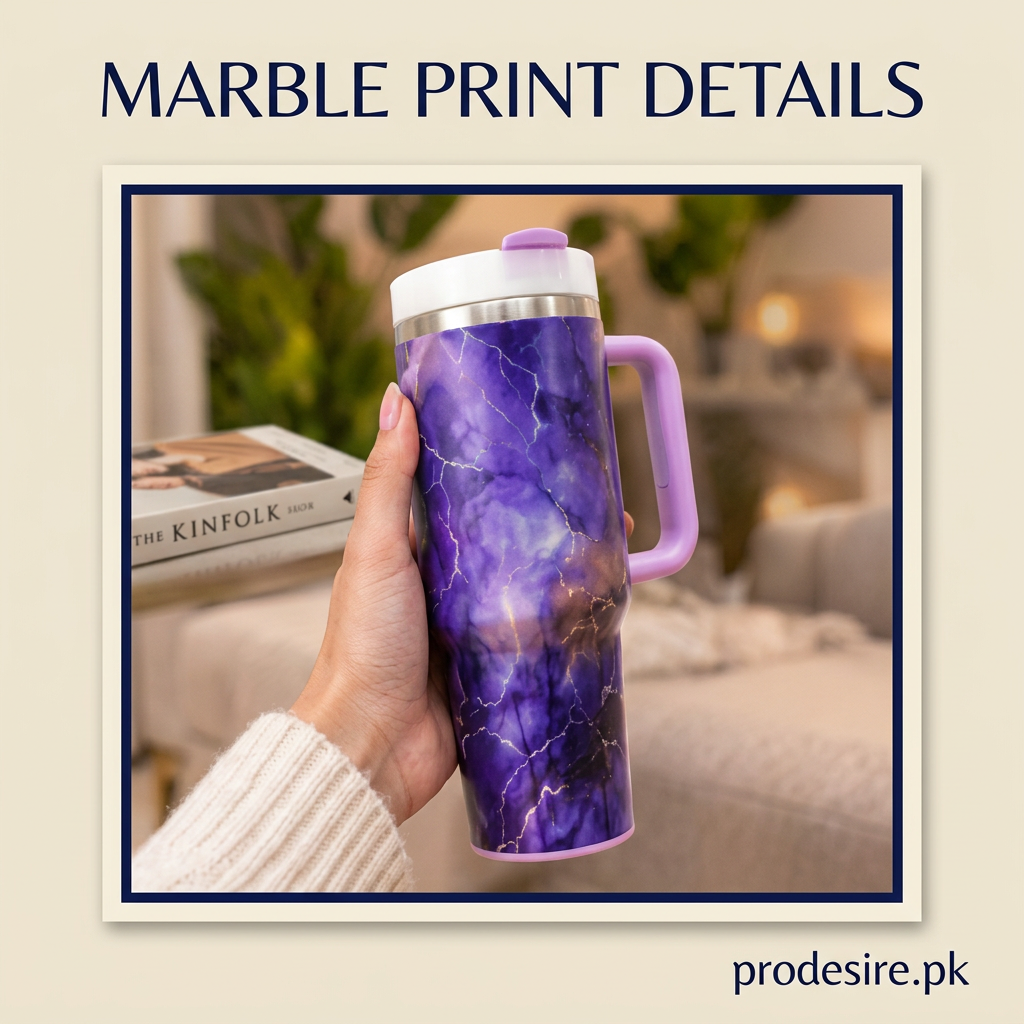 Close-up of purple marble print tumbler held in hand showing handle white lid and steel band
