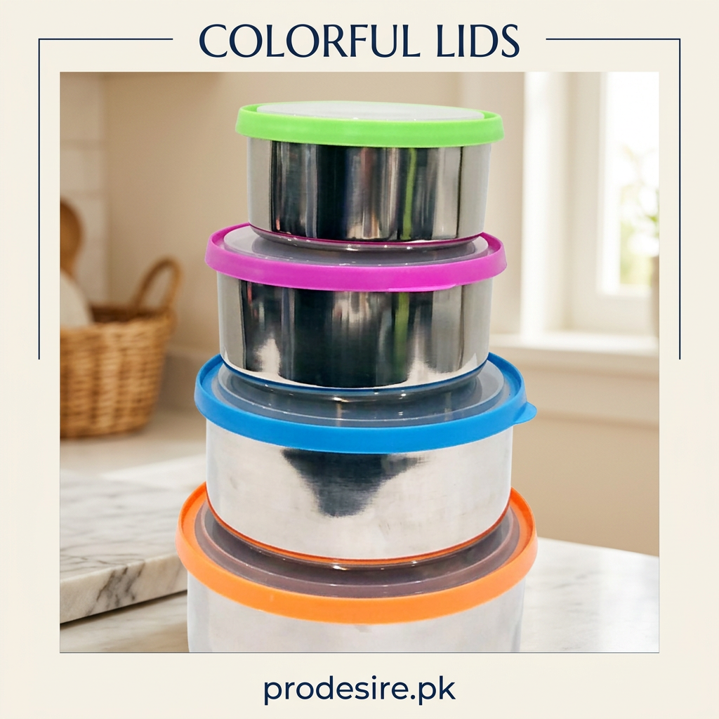 Close-up of the colorful green, pink, blue and orange lid rims of the PRODESIRE stainless steel bowl set