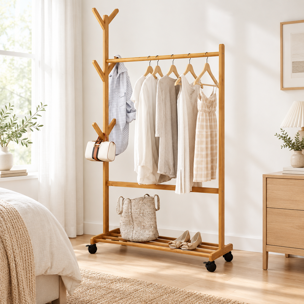 Wood-tone clothes rack with hanging clothes and storage shelf in a bright bedroom