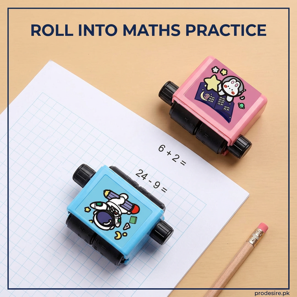 Overhead view of pink and blue maths stamp rollers with addition and subtraction exercises