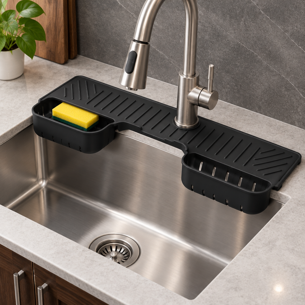 Silicone sink mat right-side angle in dark walnut kitchen