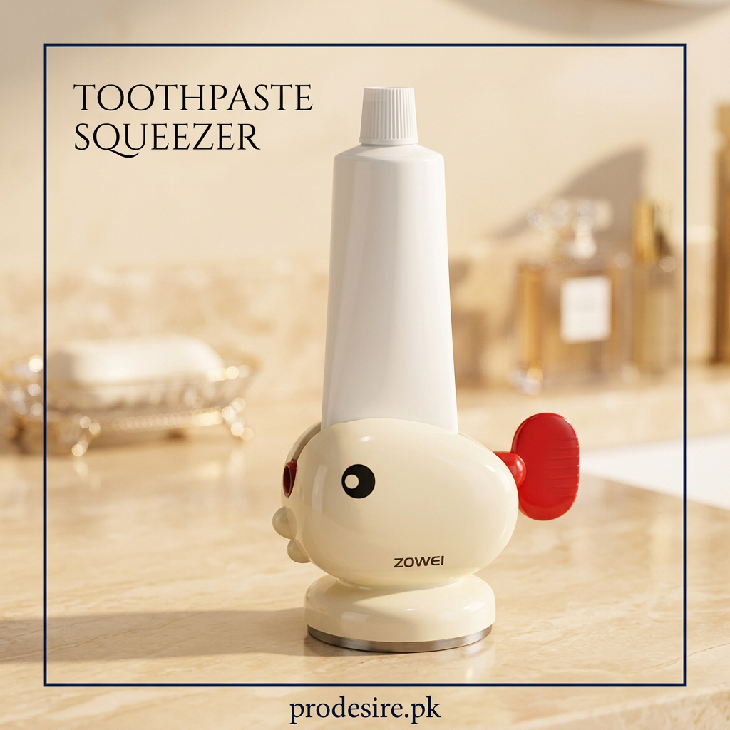 Cream fish shaped toothpaste tube squeezer with red crank on a beige bathroom counter