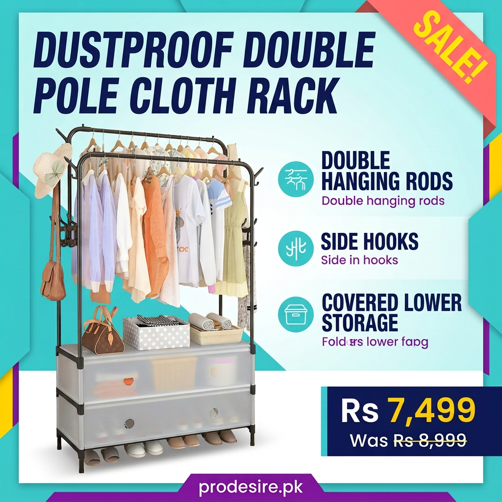 Double pole cloth rack poster selling price Rs 7,499, compare-at Rs 8,999