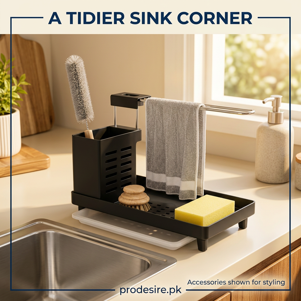 PRODESIRE black sink organizer beside a kitchen sink in a sunlit cream kitchen