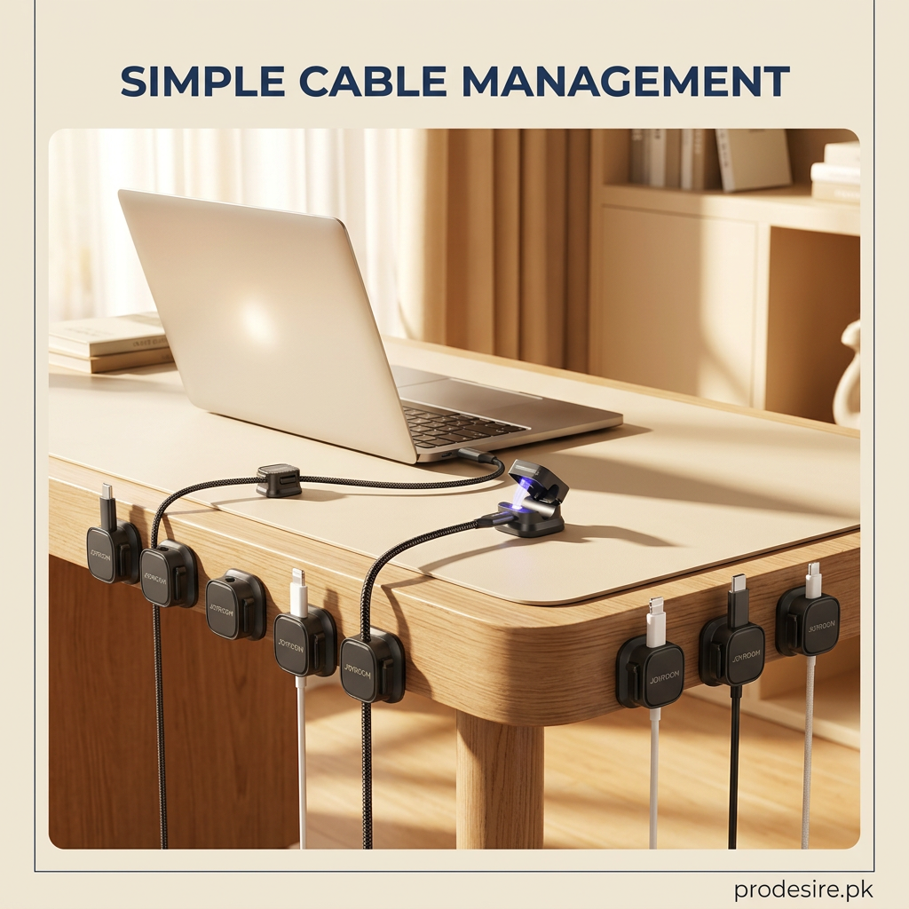 Magnetic cable clips organising charging cables around a sunlit home office desk