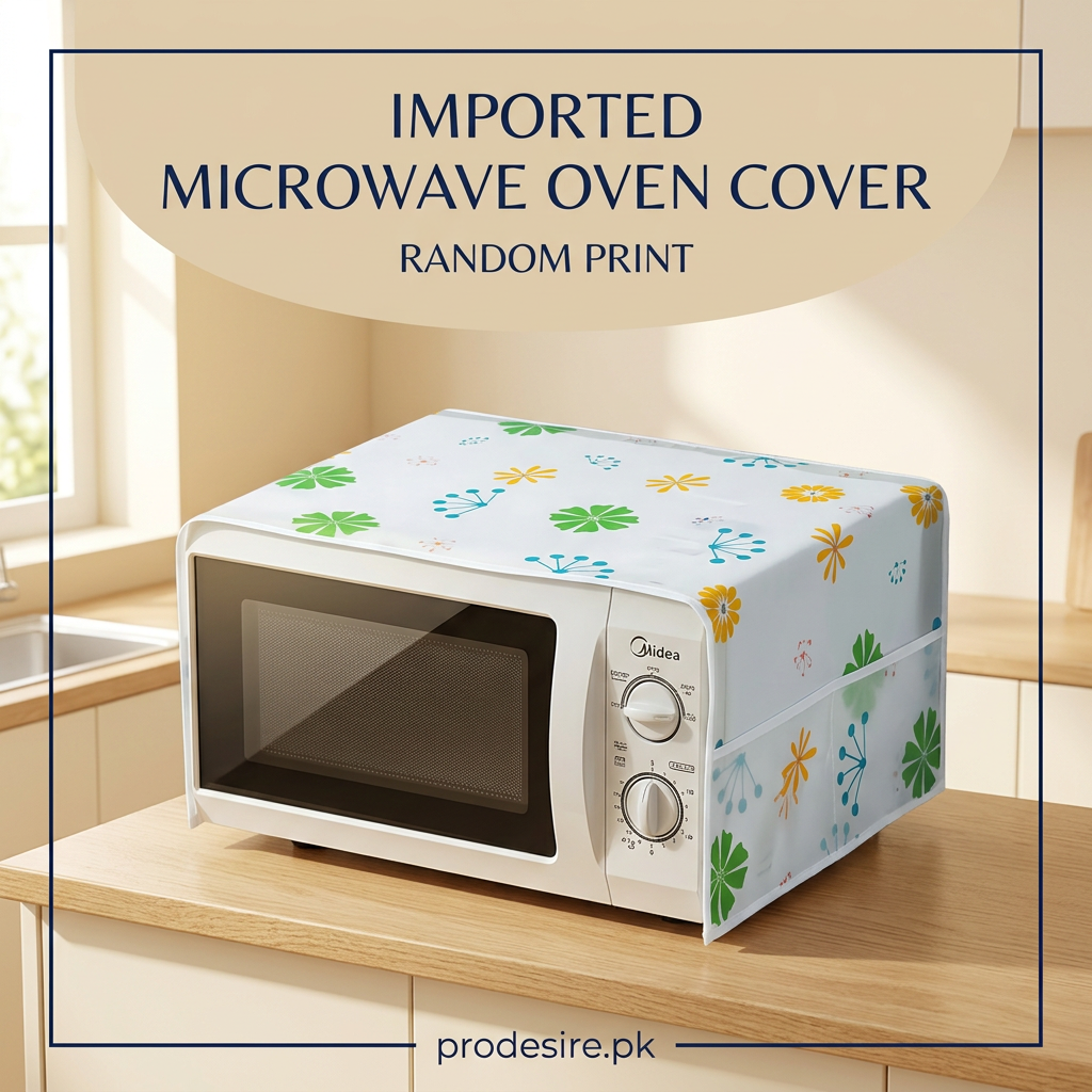Imported microwave cover with green and yellow floral example print, front three-quarter view