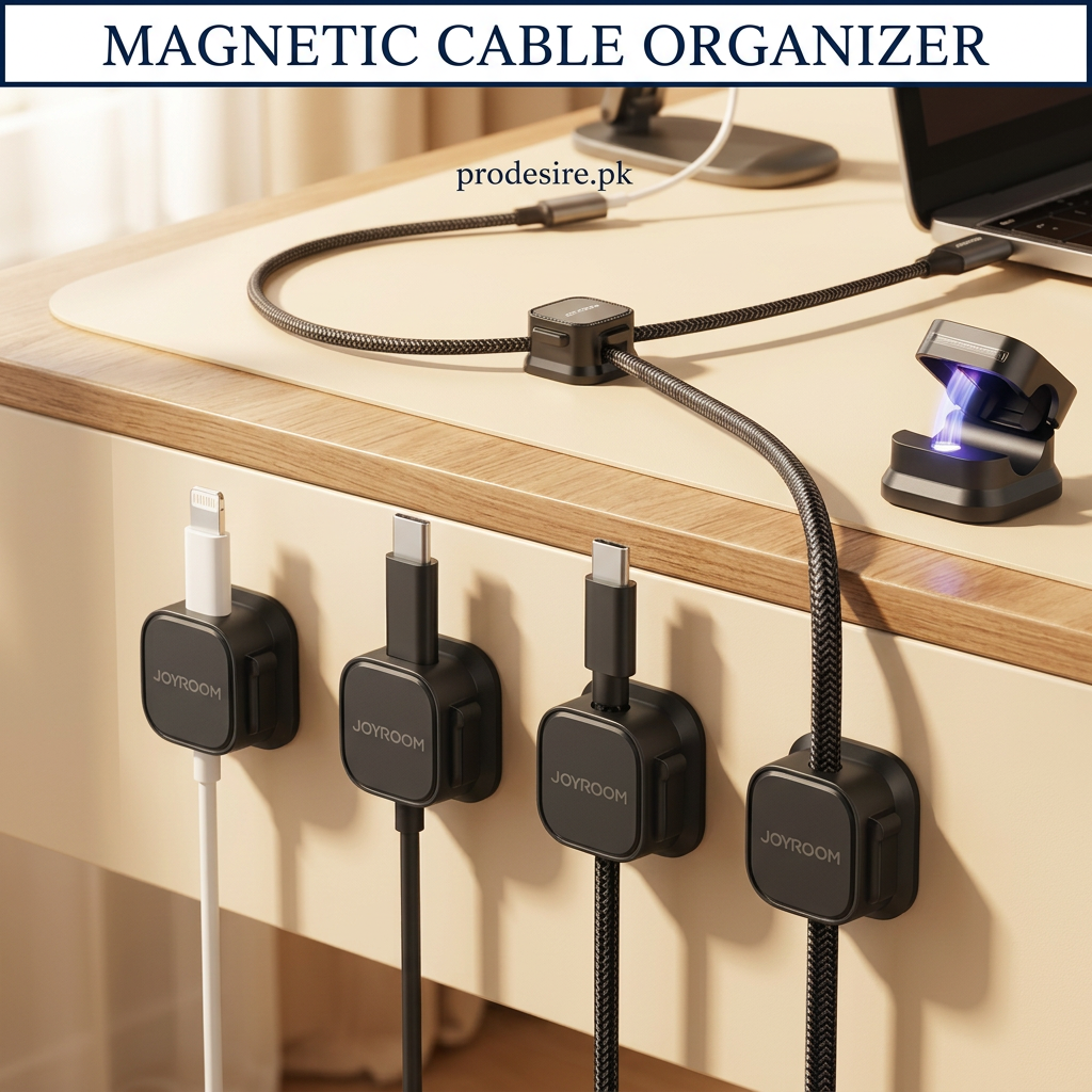 Black magnetic cable organizer clips holding cables on a cream desk edge