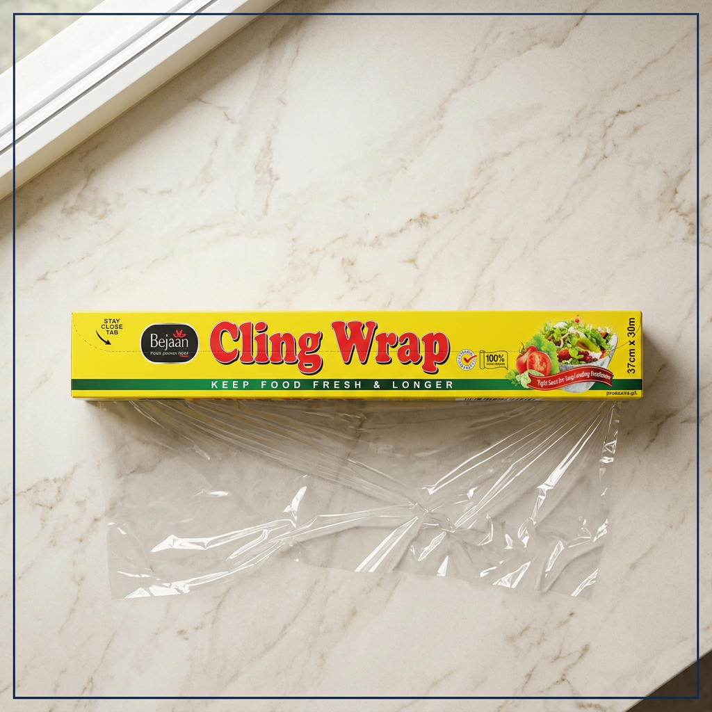 Overhead view of cling wrap box with transparent wrapping film