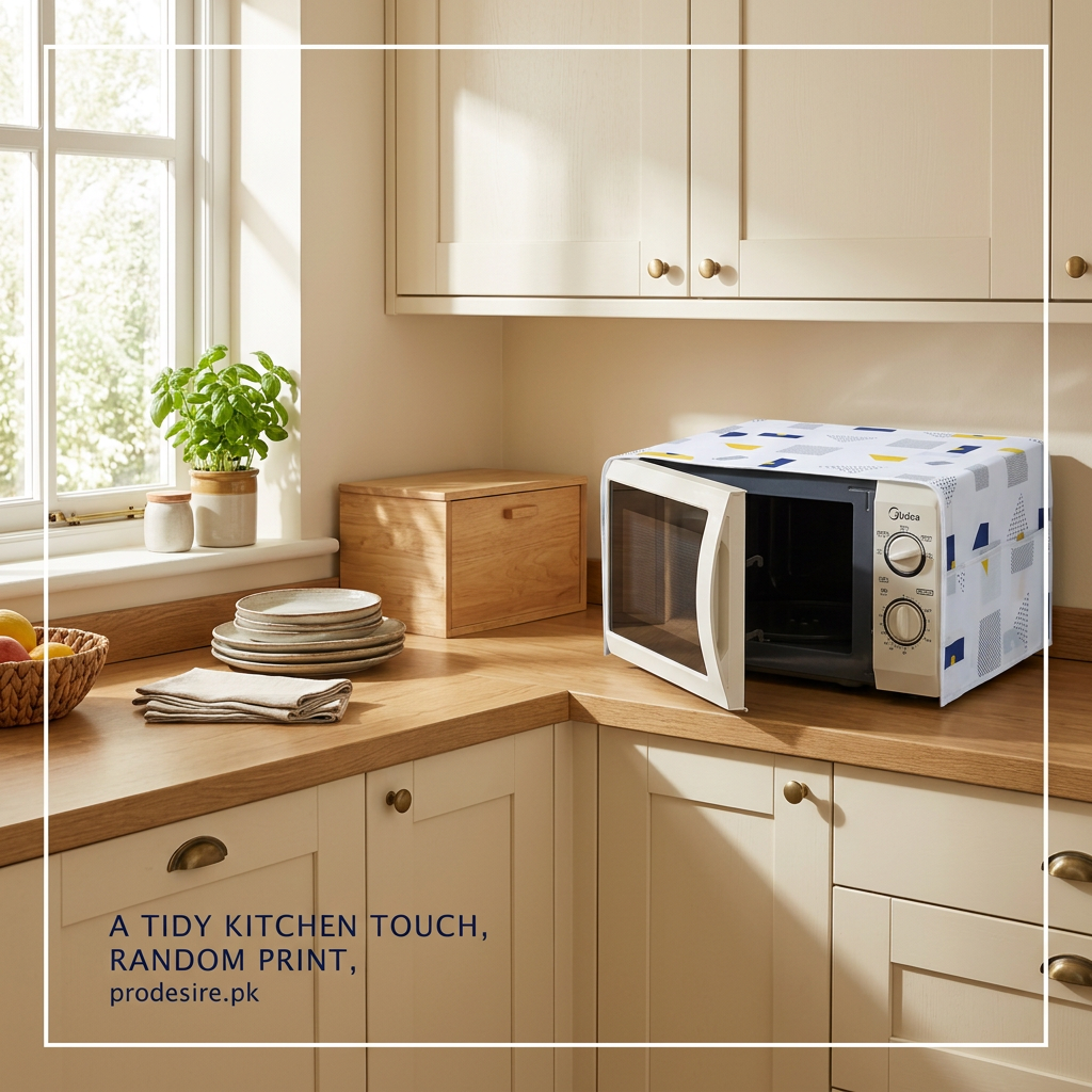 Wide kitchen scene with geometric-print microwave cover, example random print