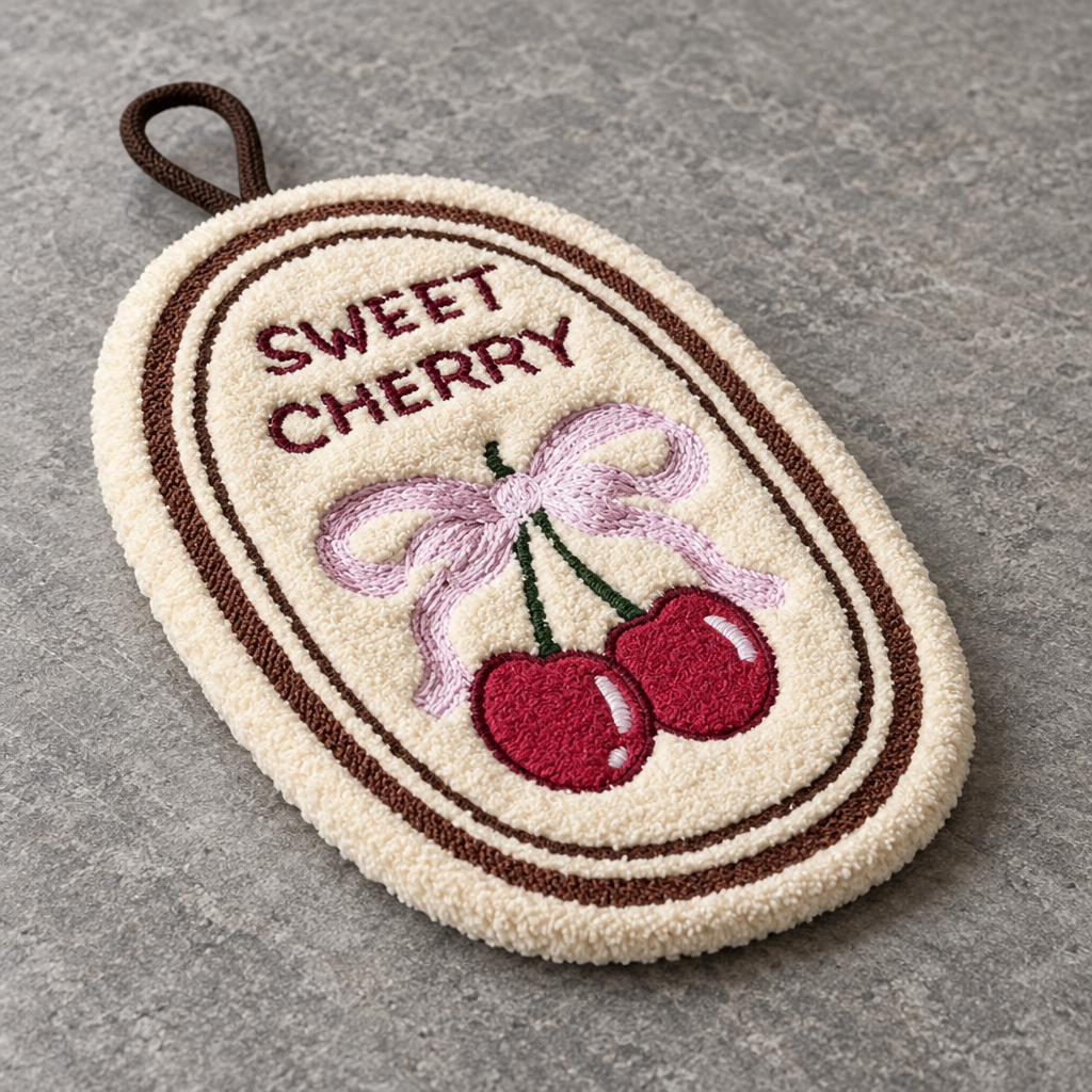 Sweet Cherry towel low angled view on grey surface
