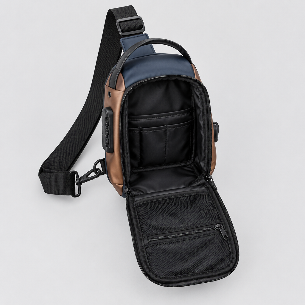 Open chest bag showing internal pockets