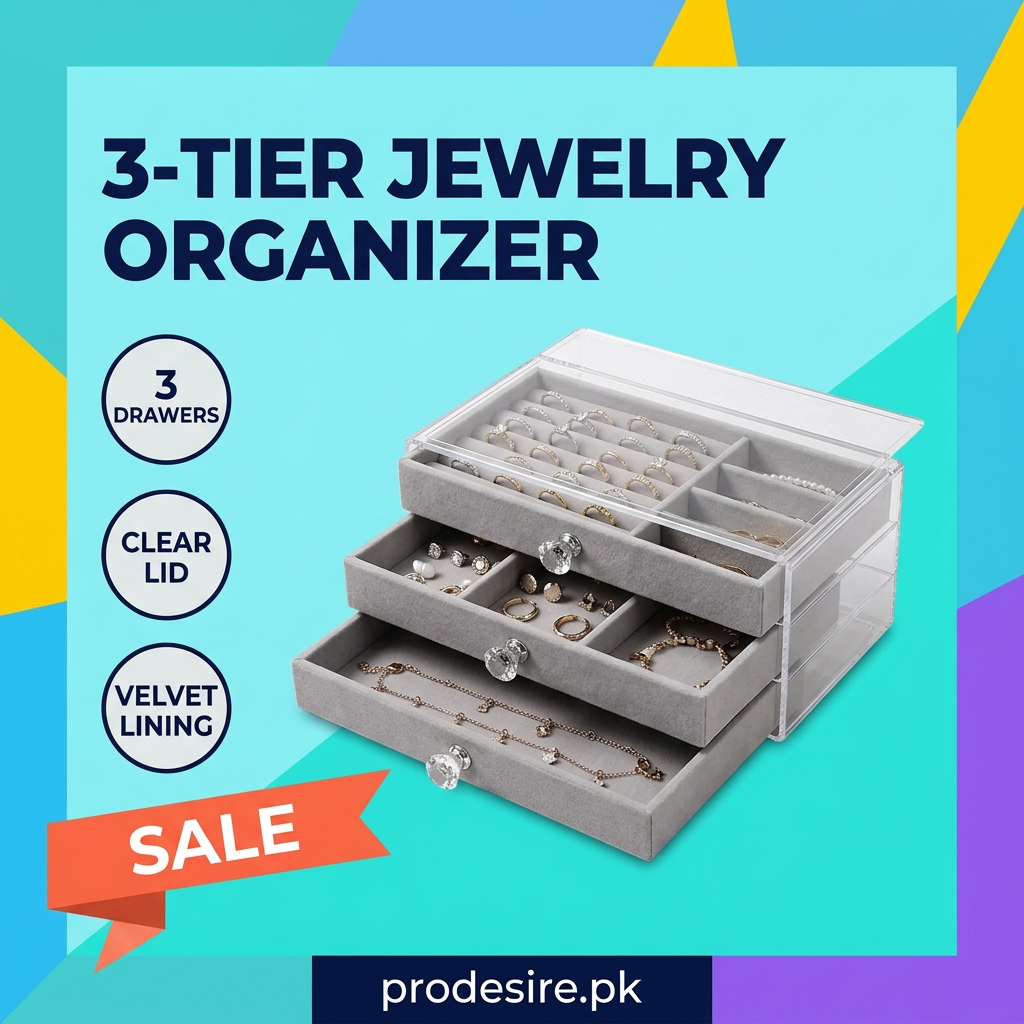 3-Tier Jewelry Organizer feature poster: 3 drawers, clear lid, velvet lining