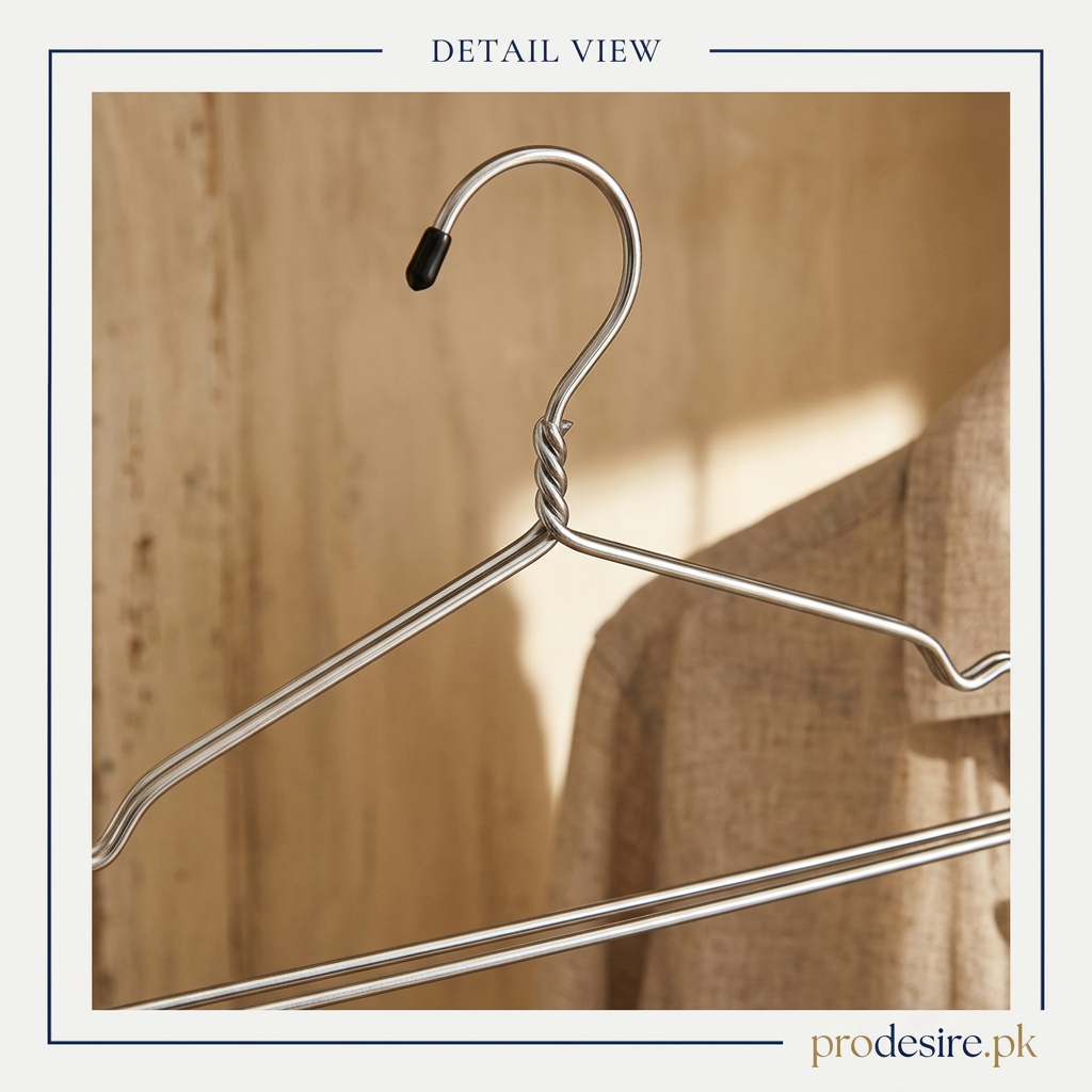 Close-up of silver steel hanger curved hook and black end cap