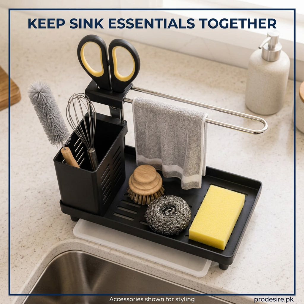 High-angle view of PRODESIRE sink caddy holding sponge and cleaning tools as styling props
