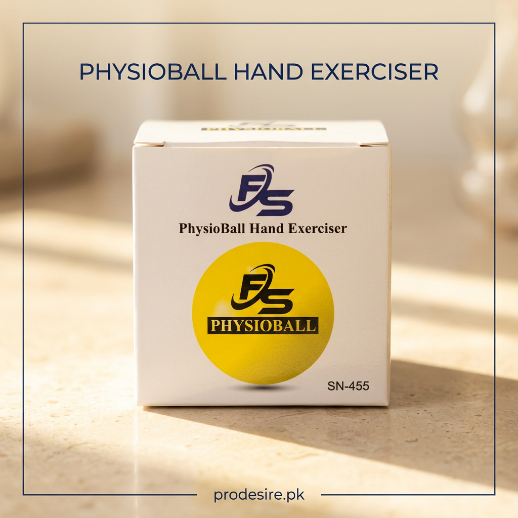 PhysioBall Hand Exerciser white retail box with yellow ball illustration, front view