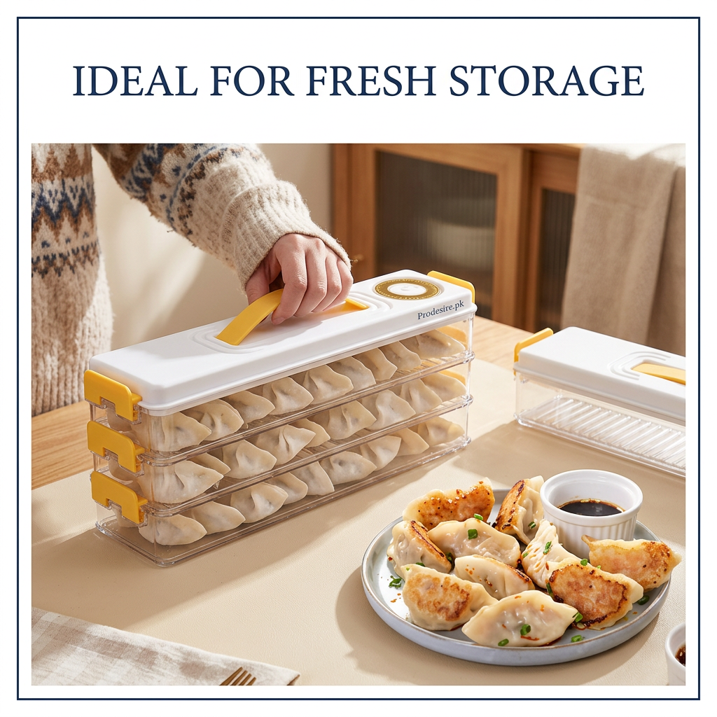 PRODESIRE 3-layer momos storage box on a dining table beside a plate of cooked pan-fried momos