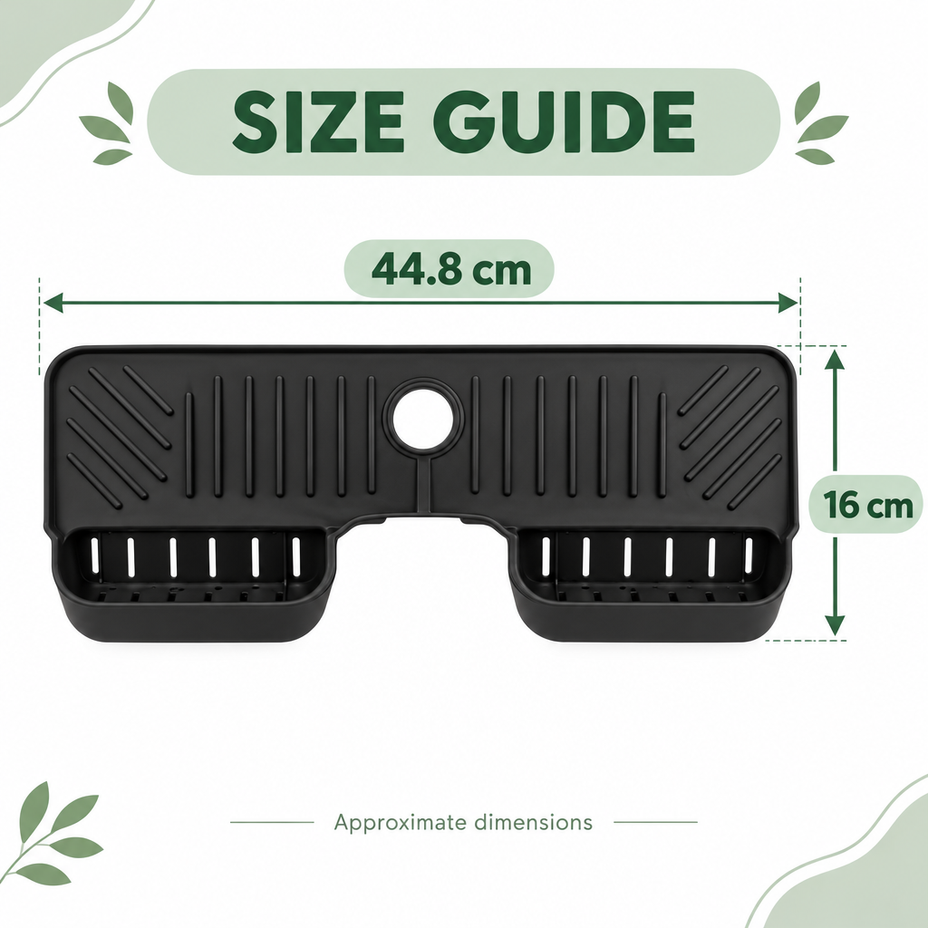 Silicone sink mat size guide showing approximate dimensions 44.8 cm by 16 cm