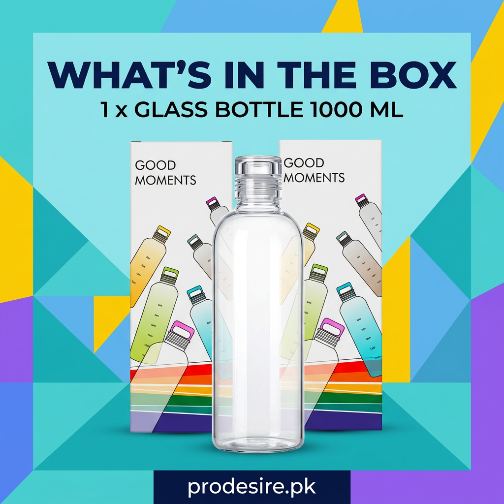 What's in the box poster: 1 x glass bottle 1000 ml with GOOD MOMENTS packaging