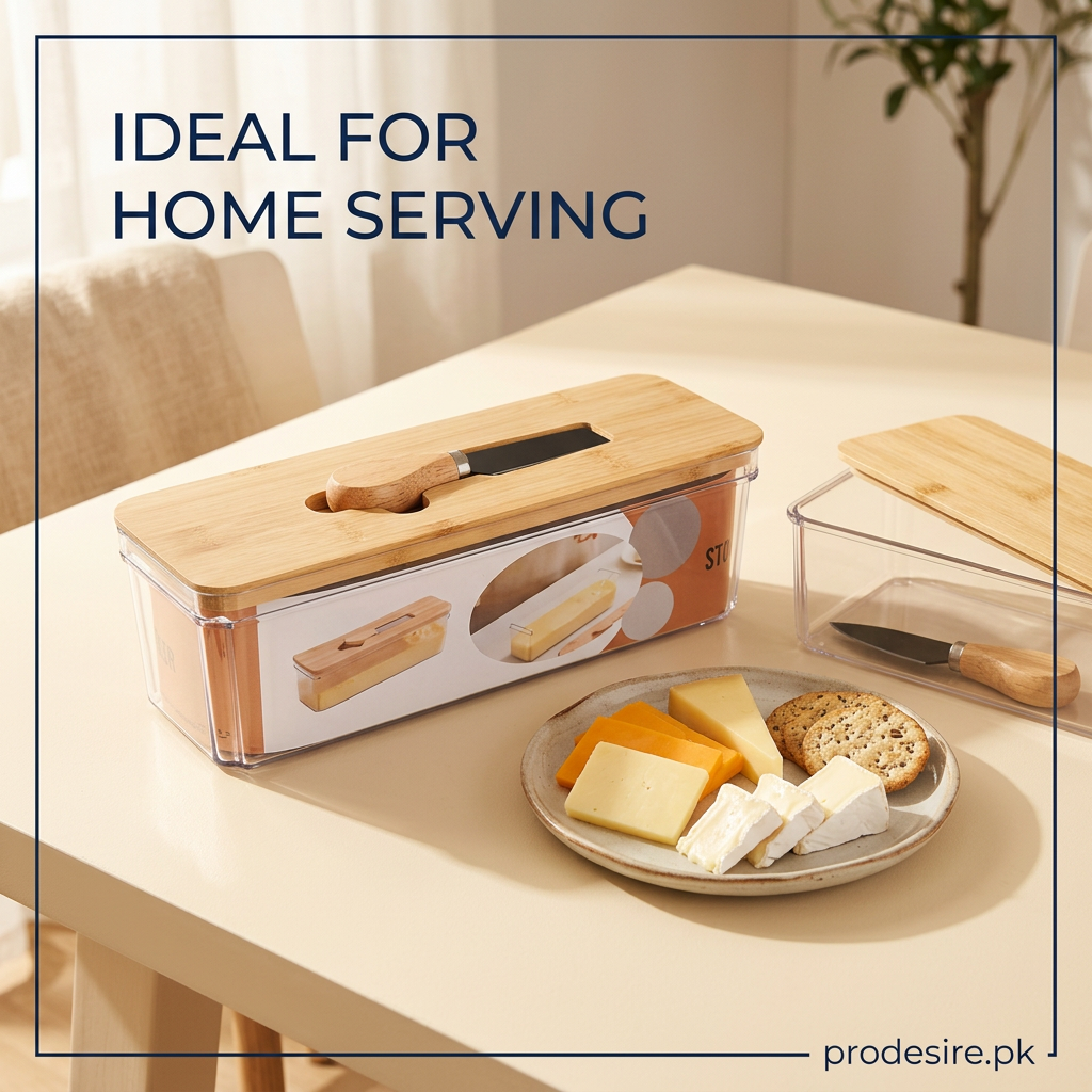 PRODESIRE cheese storage box on a dining table beside a plate of cheese slices and crackers