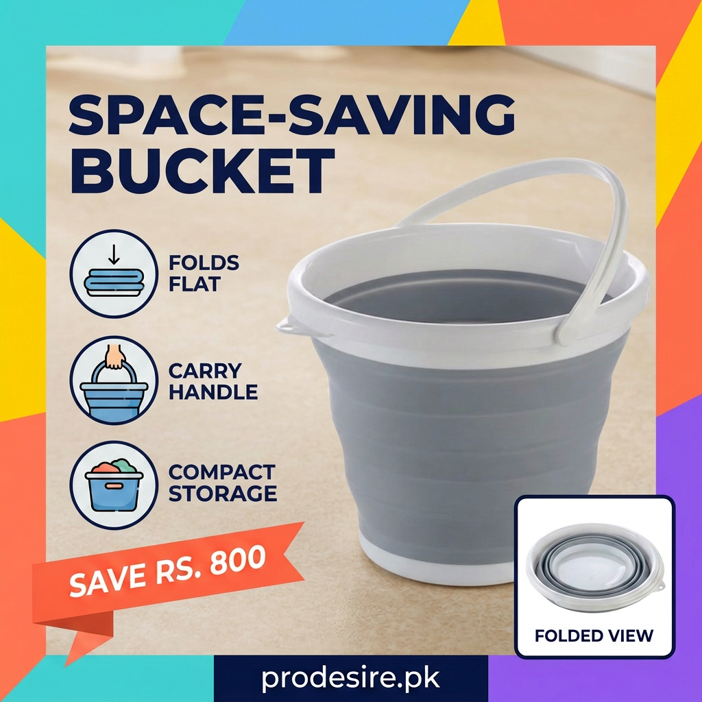 Space-saving foldable bucket poster