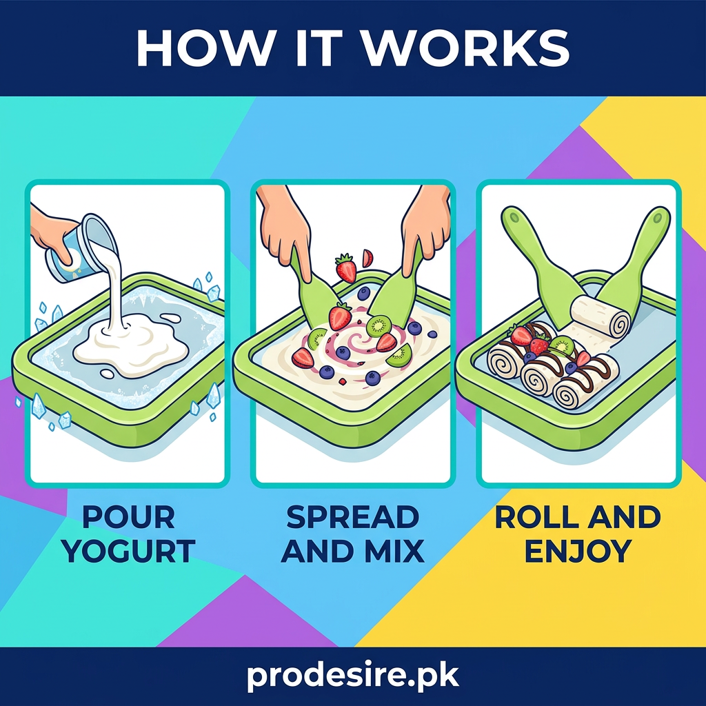 How it works poster: pour yogurt, spread and mix, roll and enjoy