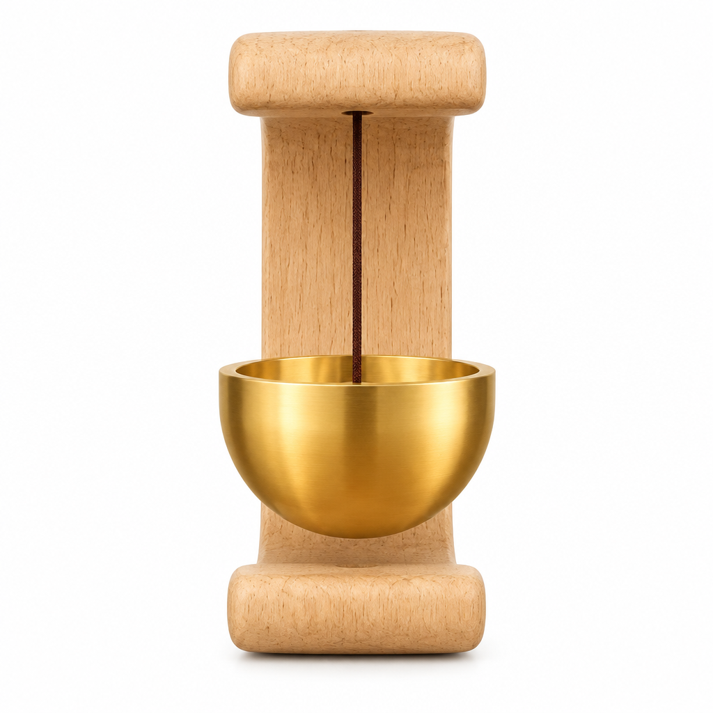 Mini wooden hanging bell straight-on front view