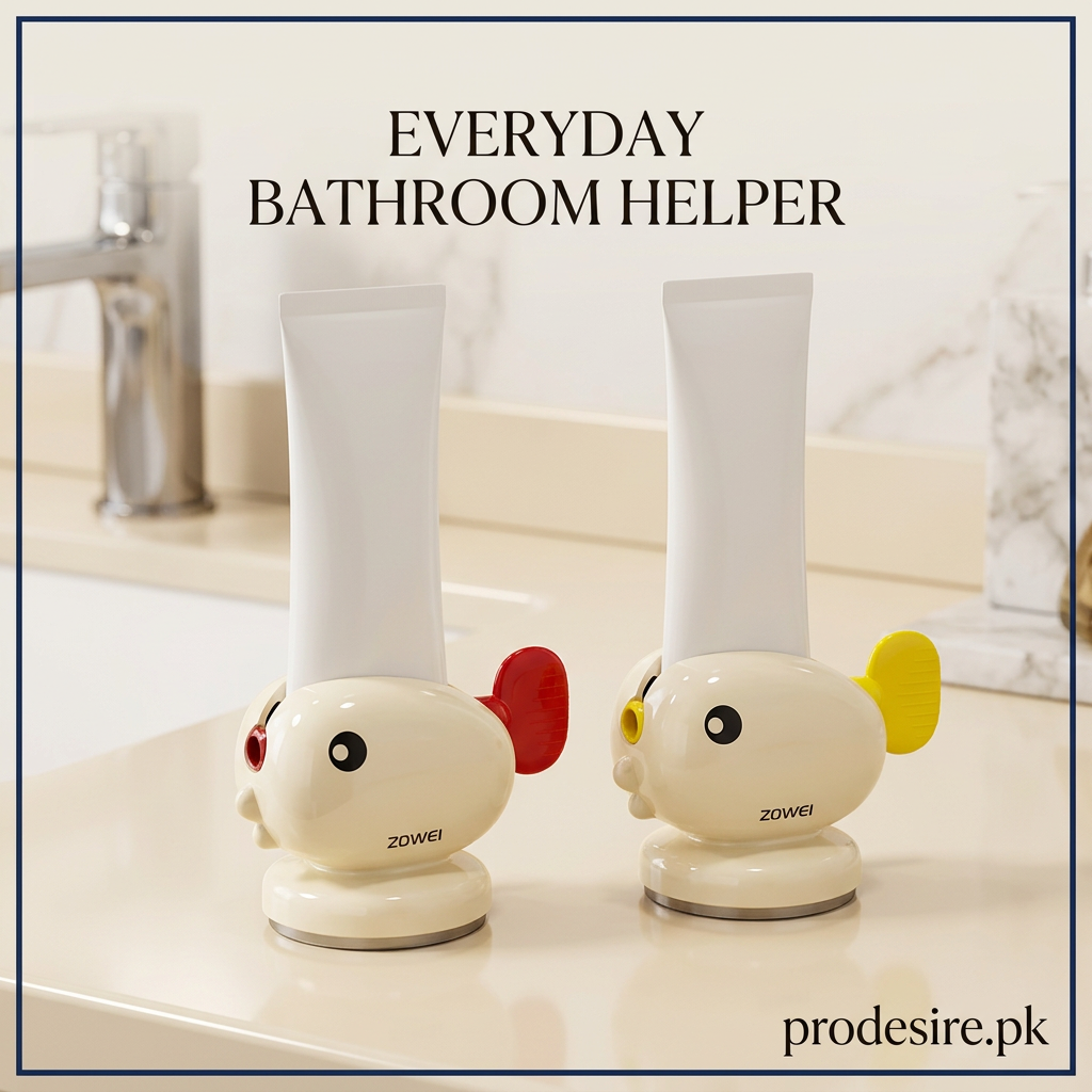 Red and yellow handle fish shaped toothpaste rollers displayed upright