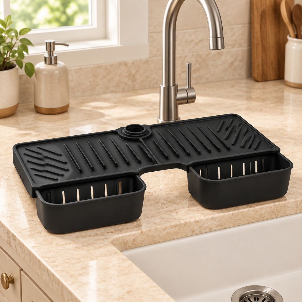 Silicone sink mat front angle on beige kitchen countertop