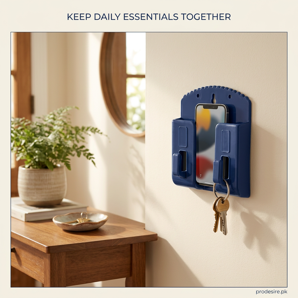 Dark blue wall phone holder with phone and keyring in a warm cream home entryway
