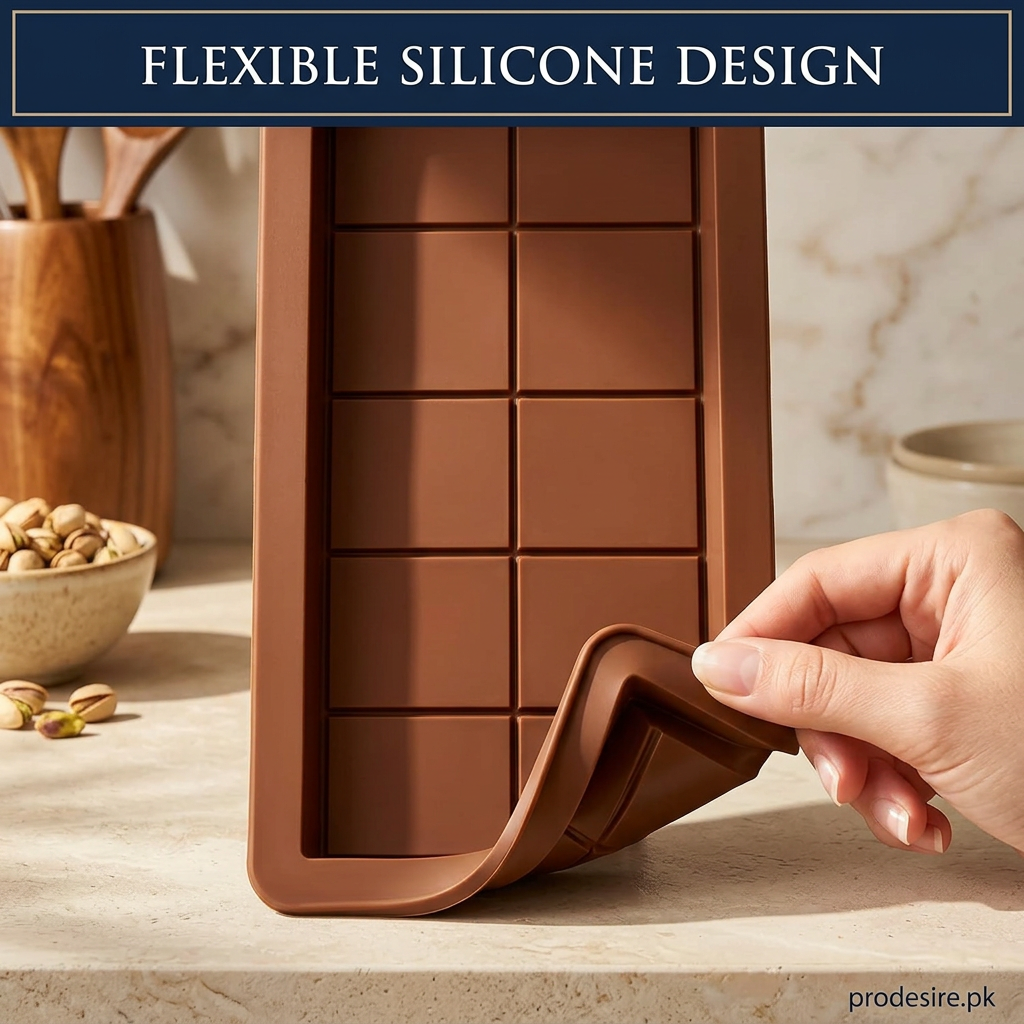Close-up of flexible silicone corner on PRODESIRE brown chocolate bar mould