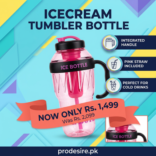 pink icecream tumbler bottle with handle and straw, colourful product poster