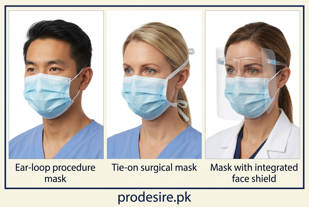 Illustrative comparison of ear-loop, tie-on and integrated face-shield mask styles with prodesire.pk branding, not pack contents