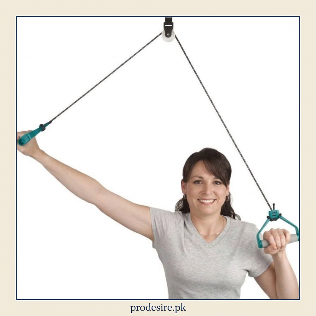 Shoulder pulley demonstration with green handles and prodesire.pk branded cream and navy border
