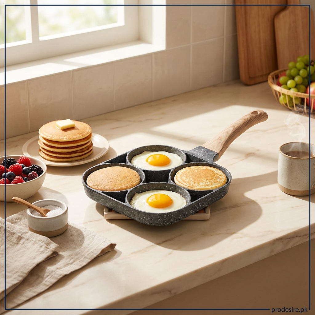 PRODESIRE four mold frying pan with eggs and pancakes in a sunlit kitchen breakfast setting