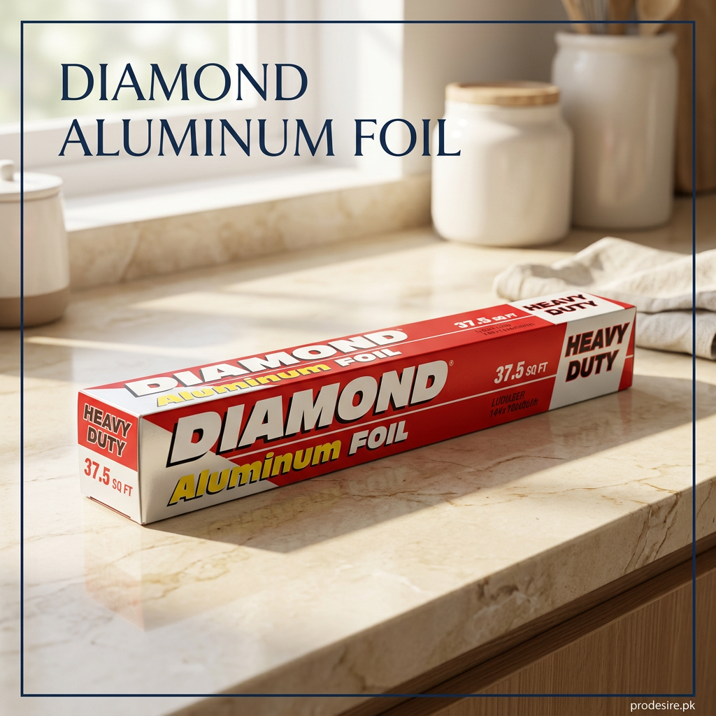 Diamond heavy duty aluminum foil 37.5 sq ft box on a sunlit cream kitchen counter