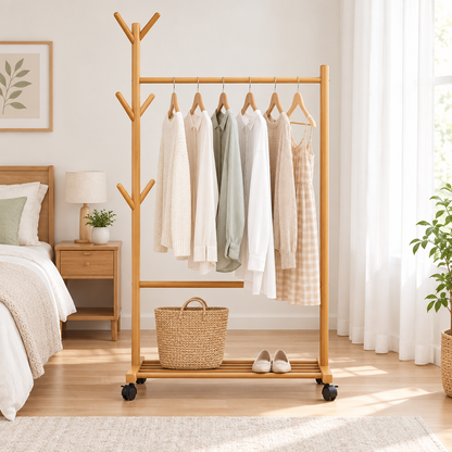 Full front view of a wood-tone freestanding clothes rack with garments, top hooks, and caster wheels
