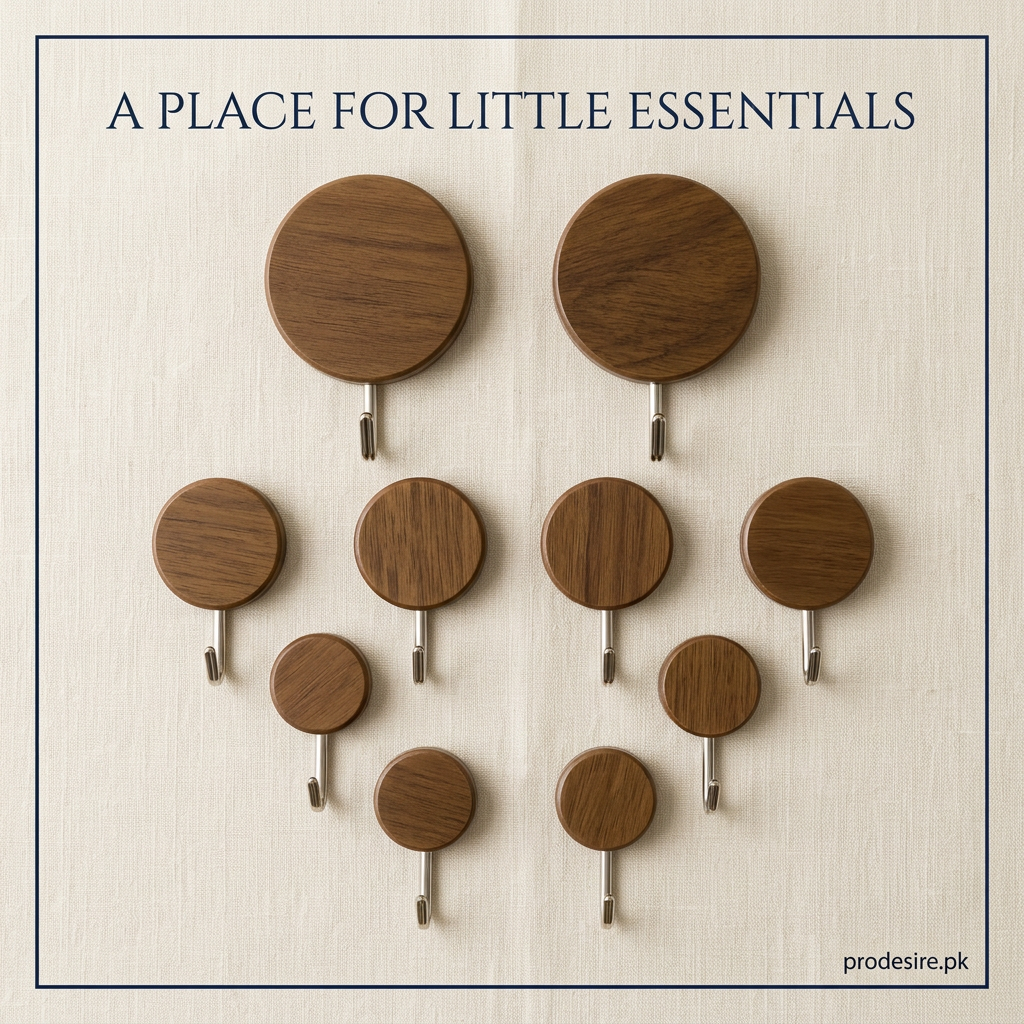 Overhead layout of ten wooden hooks in assorted round sizes