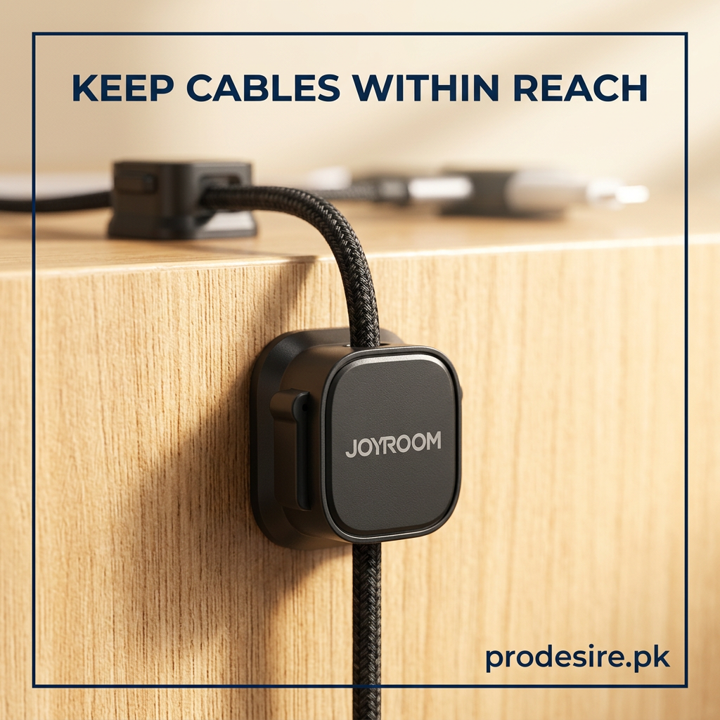 Close-up of black JOYROOM magnetic clip holding a braided charging cable