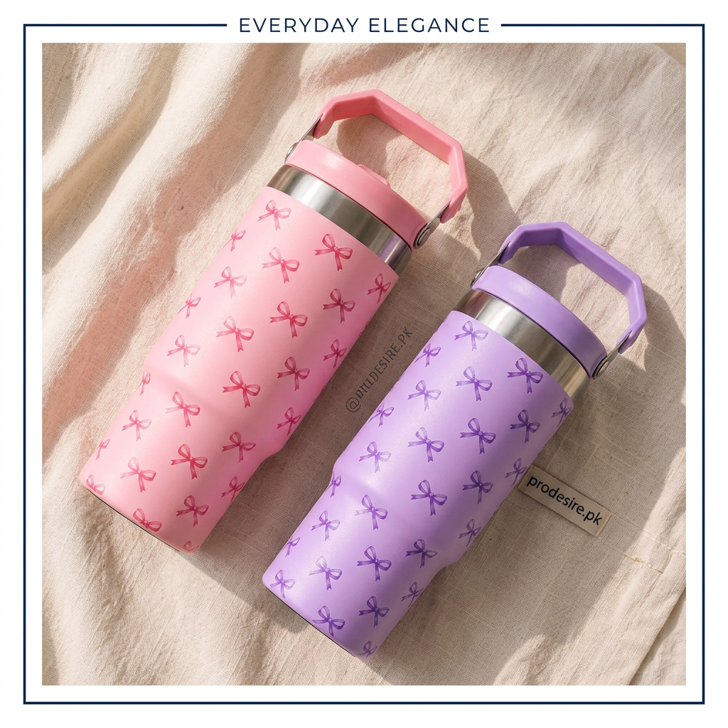 Overhead view of pink and purple bow printed tumblers on cream linen
