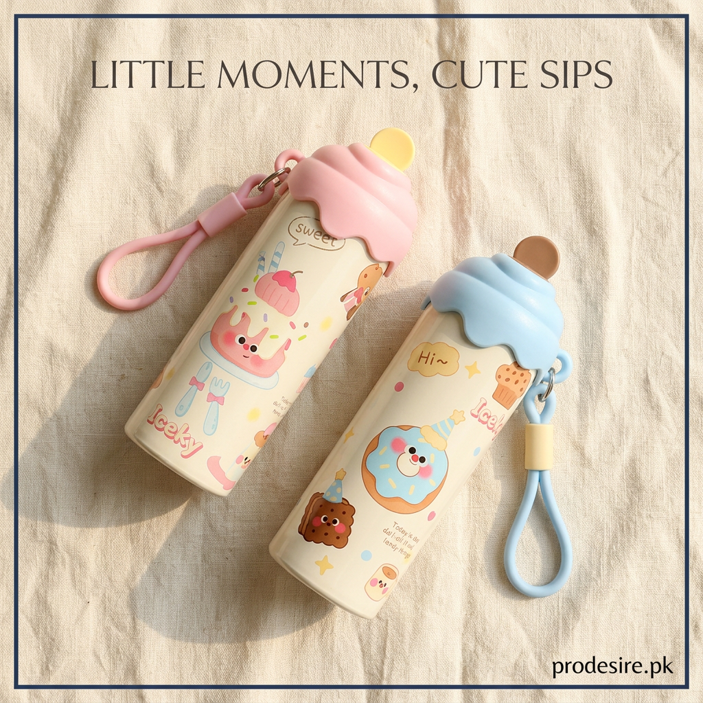 Overhead view of pink and blue ice cream tumbler bottles on cream linen
