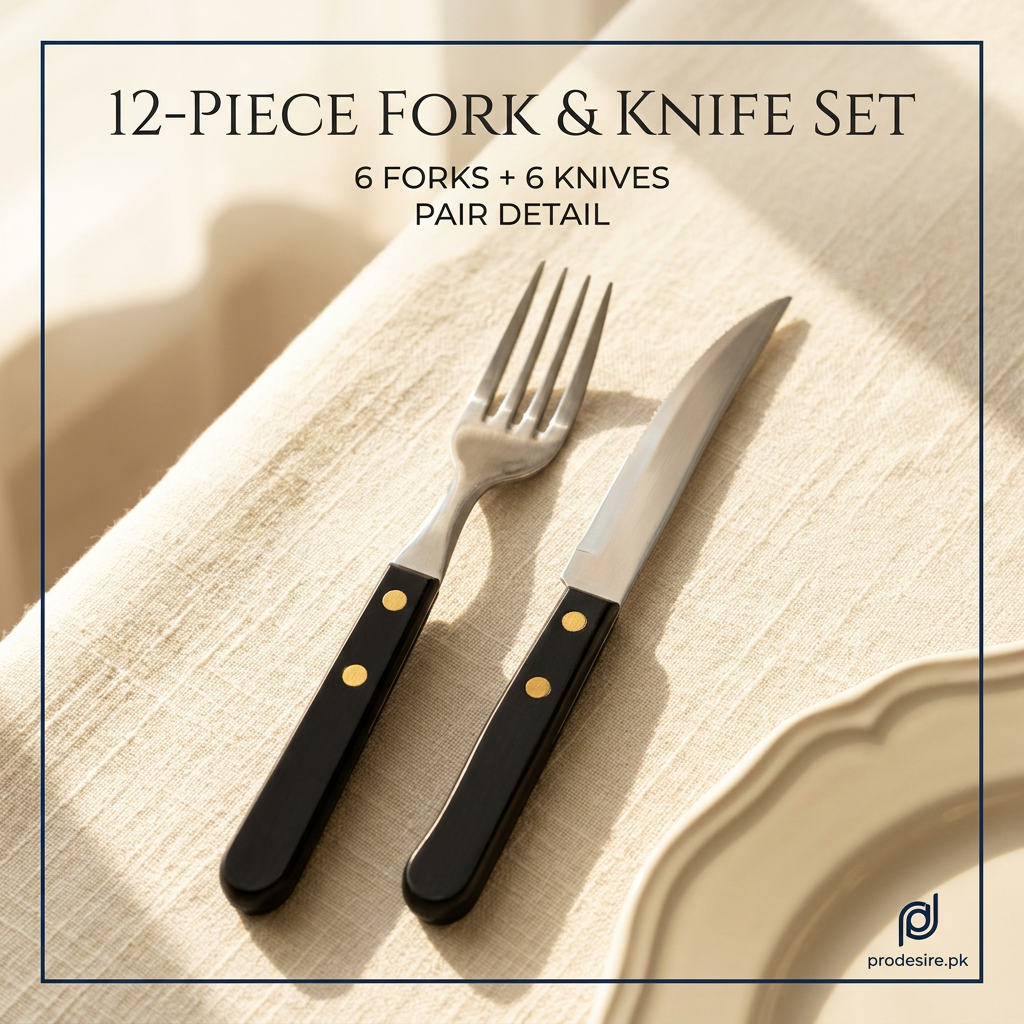 Pair detail from a 12-piece fork and knife set with black handles and two gold-coloured rivets