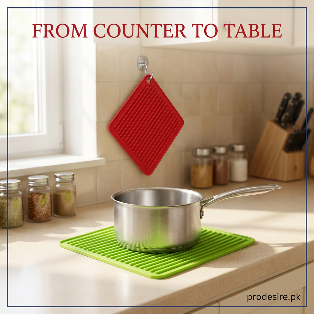 Saucepan resting on green PRODESIRE silicone trivet with red mat hanging nearby
