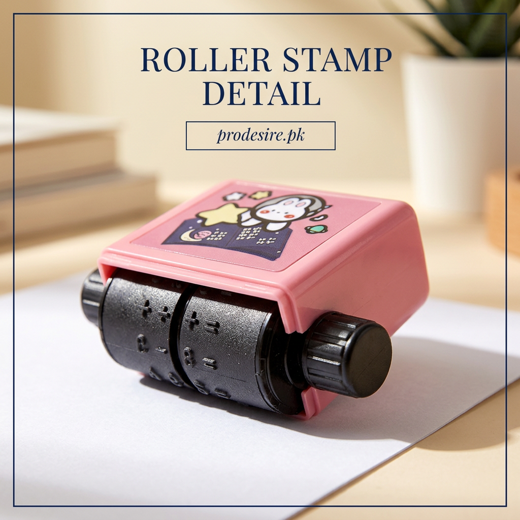 Close-up of pink math stamp roller showing black printing drums and ridged side knobs