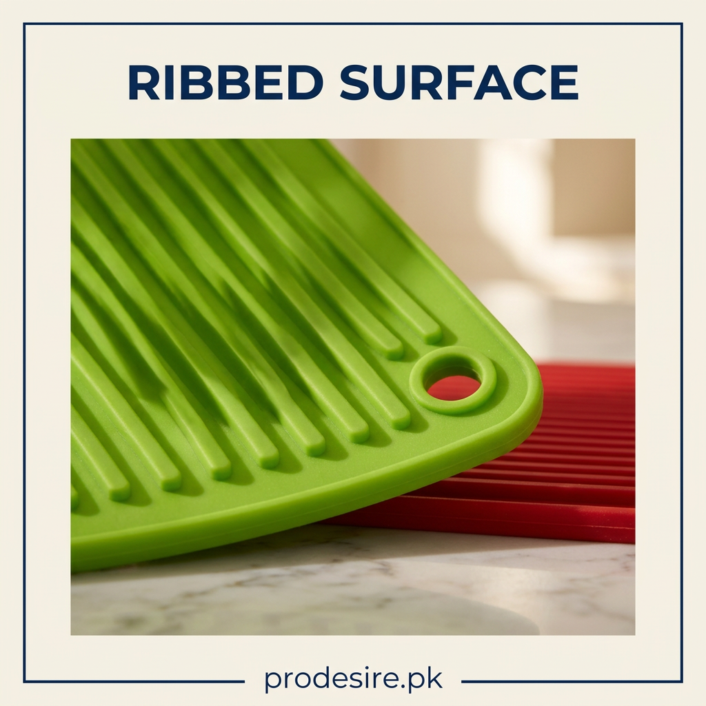 Close-up of PRODESIRE green silicone mat ribbed texture and corner hanging hole