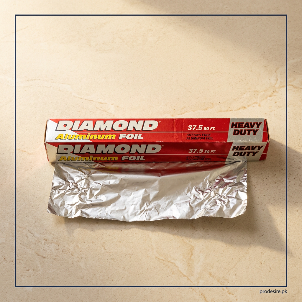 Overhead view of Diamond 37.5 sq ft aluminum foil box and foil sheet