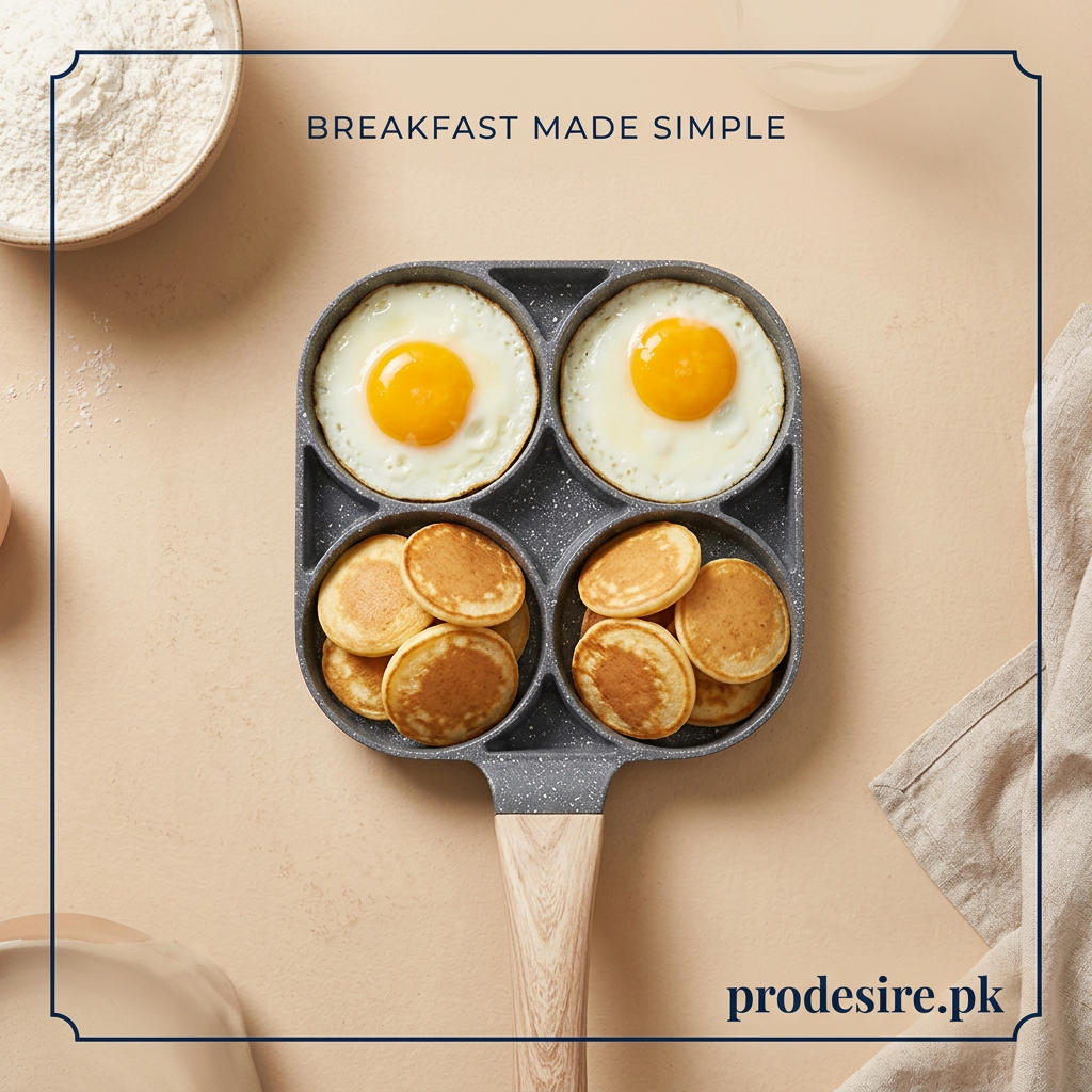 Overhead view of PRODESIRE four mold frying pan with eggs and mini pancakes