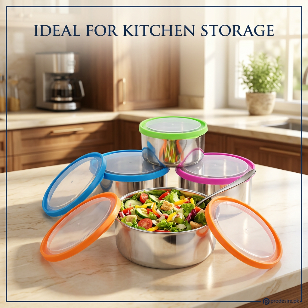 PRODESIRE stainless steel bowl set arranged on a kitchen counter with a bowl of fresh salad