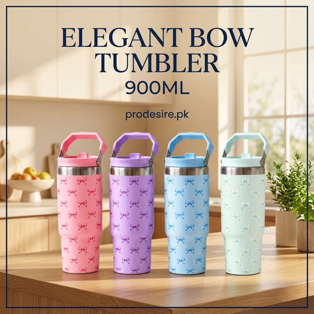 900ML bow printed tumblers in pink purple blue and mint green with carry handles