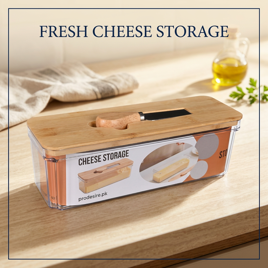 Elevated side view of the PRODESIRE cheese storage box with bamboo lid and knife